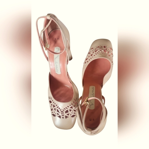 Nina Women's Vintage Pink Laser Cut Out Square Toe Leather Made In Spain Heels 9 - Picture 3 of 12